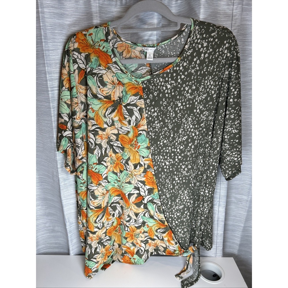 CATO Womens Blouse Top Size XL Green‎ Floral Wrap Waist Tie Dolman Short Sleeve